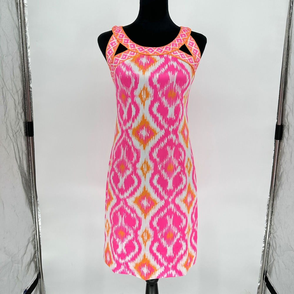NWT Gretchen Scott Jersey Isosceles Neon Pink Orange Sleeveless Sheath‎ Dress S